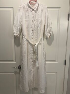 Anthropologie White Button-Front Midi Shirt Dress with Tie Waist